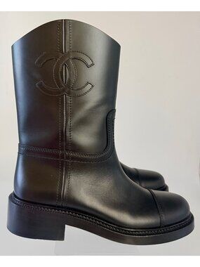 CHANEL | Shoes | Chanel Black Leather Side Zip Cclogo Moto Boots